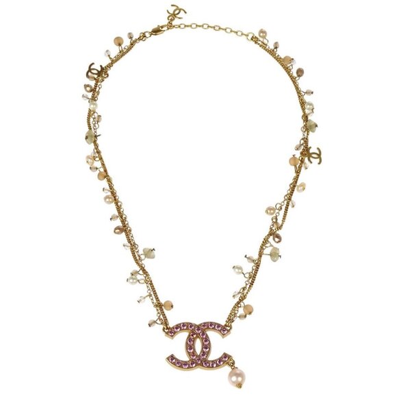 Chanel CC Chain Pendant Necklace Rhinestone Artificial Pearl Gold 02P 195511 - Picture 1 of 4